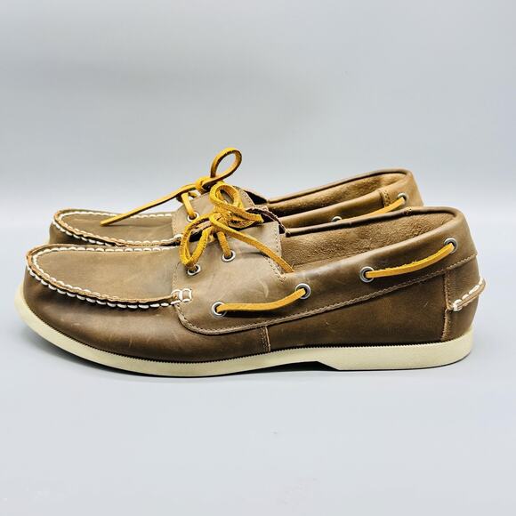 J Crew Shoes Mens 12 Brown Leather Boat Moc Toe Lace Up Slip On Casual Classic - Picture 5 of 10